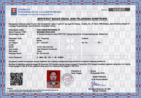 Sertifikat Badan Usaha PT. Tiga Kreasi